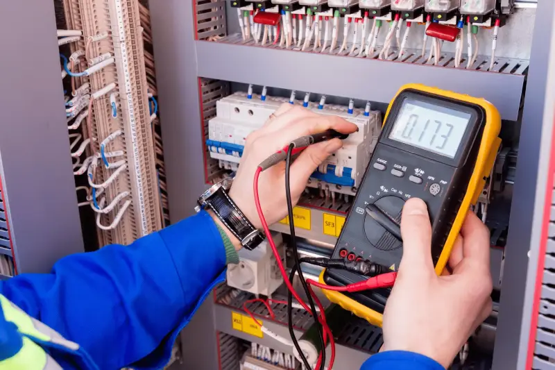 Electrician using a digital multimeter to trace an electrical fault inside a control panel in South Yorkshire